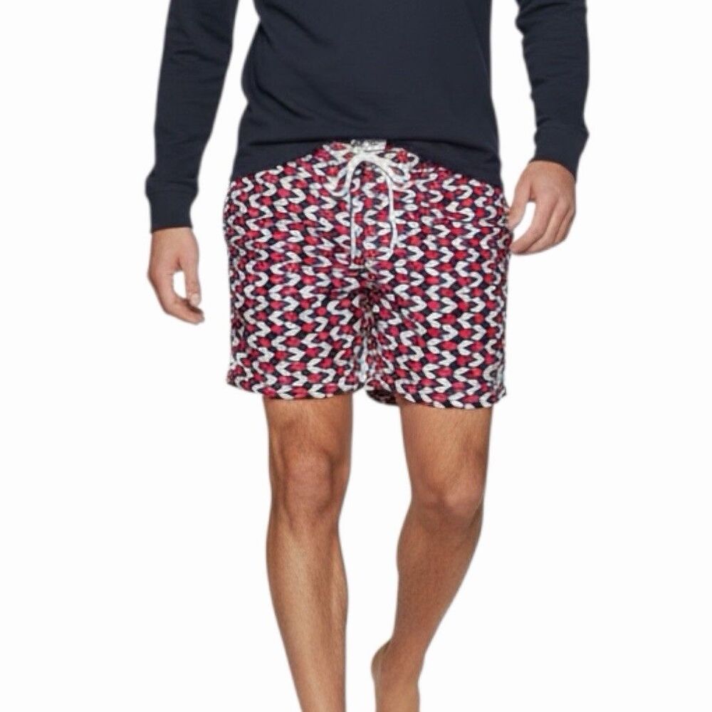 Trunks Surf & Swim Co Men's XL Geometric Swim Trunks Shorts Red Navy White 7"